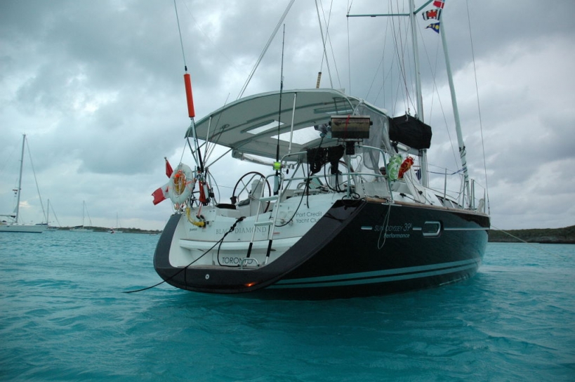 At anchor in the Exumas, Bahamas near Big Major Spot.